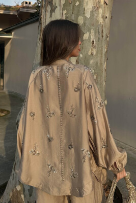 Bej Taş İşlemeli Oversize Kimono 6YXK4-49096-25 - 6