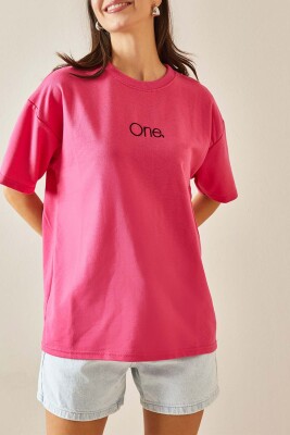 Fuşya Bisiklet Yaka Yazılı Oversize Tshirt 5YXK1-48703-07 - XHAN