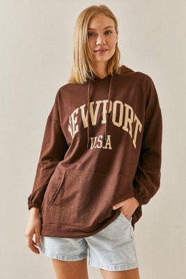 Kahverengi Arkası Baskılı Kapüşonlü Sweatshirt 3YXK8-47462-18 - 2